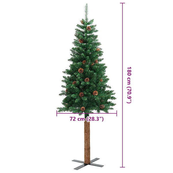 vidaXL Sapin de Noël slim avec bois véritable et pommes de pin Vert 180 cm PVC