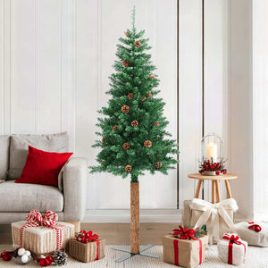 vidaXL Sapin de Noël slim avec bois véritable et pommes de pin Vert 180 cm PVC