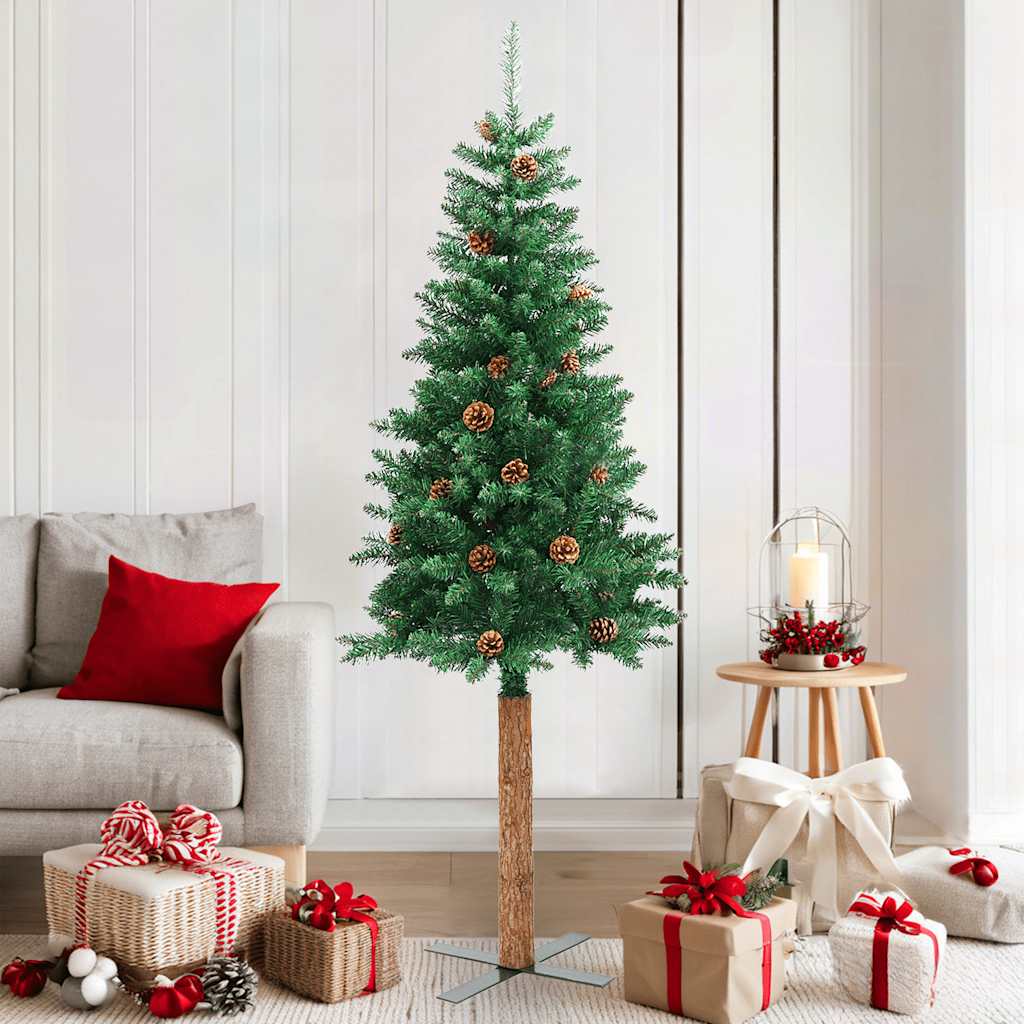 vidaXL Sapin de Noël slim avec bois véritable et pommes de pin Vert 180 cm PVC