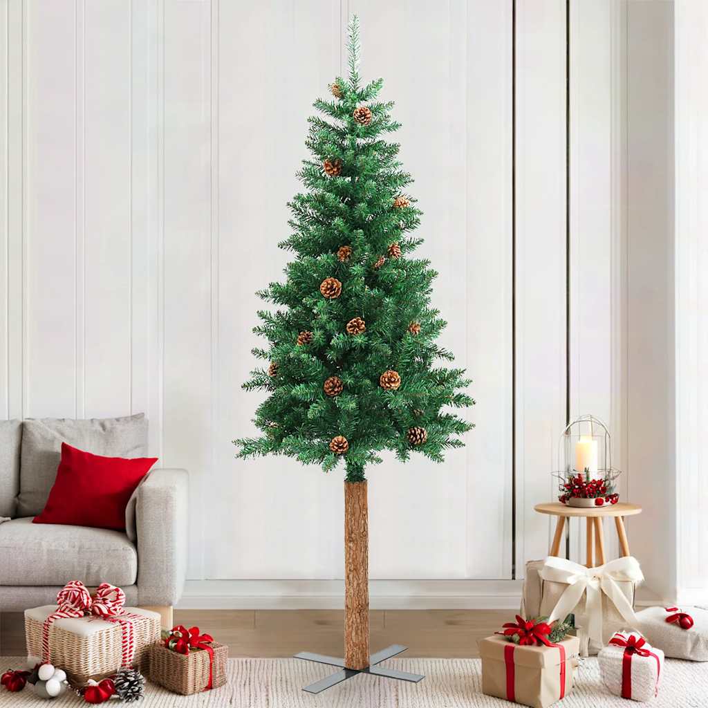 Schlanker Weihnachtsbaum mit Echtholz & Zapfen 210cm