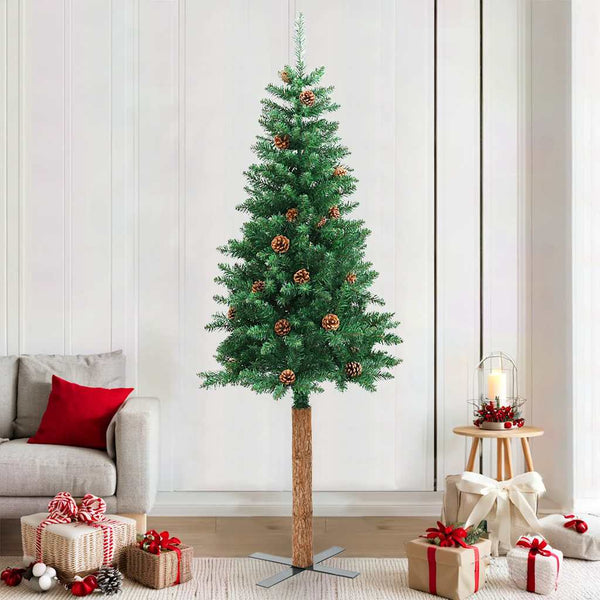 Schlanker Weihnachtsbaum mit Echtholz & Zapfen 210cm