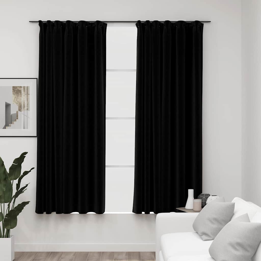 vidaXL Rideaux occultants à crochets aspect lin 2 pcs. Noir 140x175cm