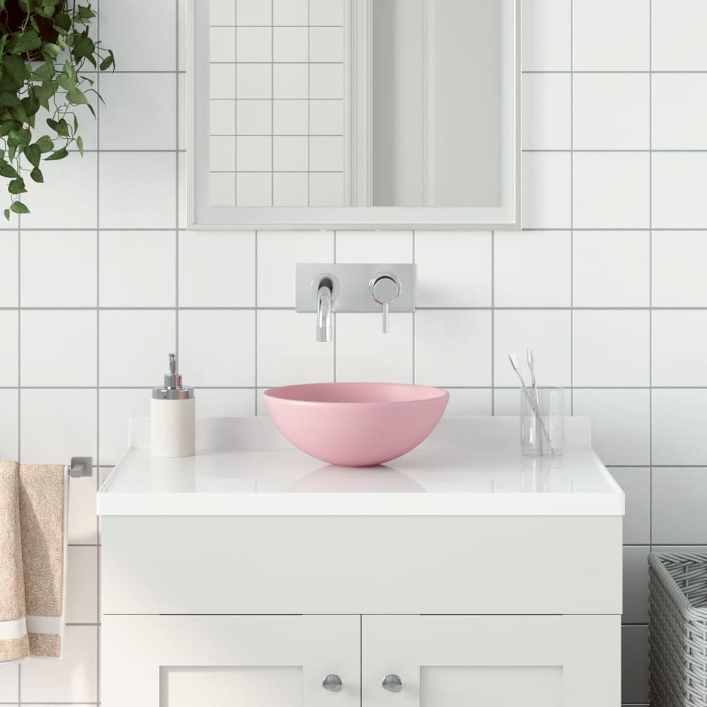 vidaXL Ceramic Sink Matt Pink Round