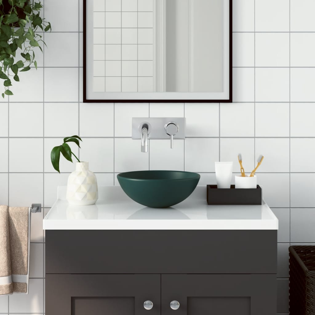 vidaXL Ceramic Wash Basin Dark Green Round