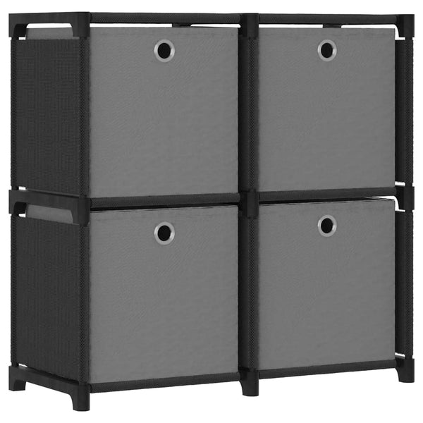 Schwarzes Würfelregal mit 4 Stoffboxen