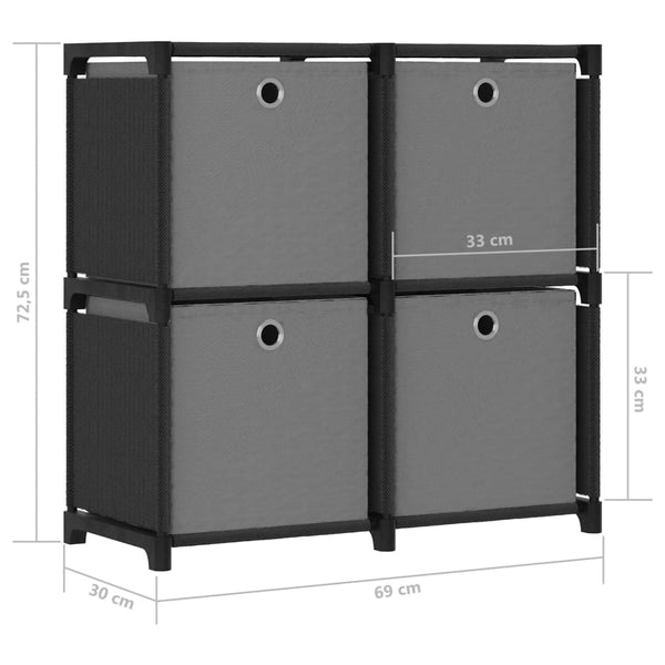Schwarzes Würfelregal mit 4 Stoffboxen