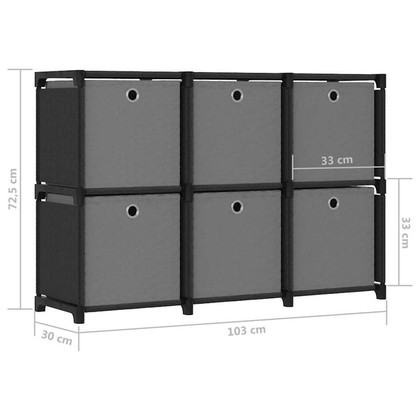 Schwarzes Würfelregal mit 6 Stoffboxen