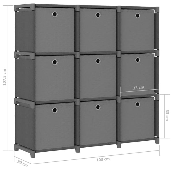 Graues Würfelregal mit 9 Stoffboxen