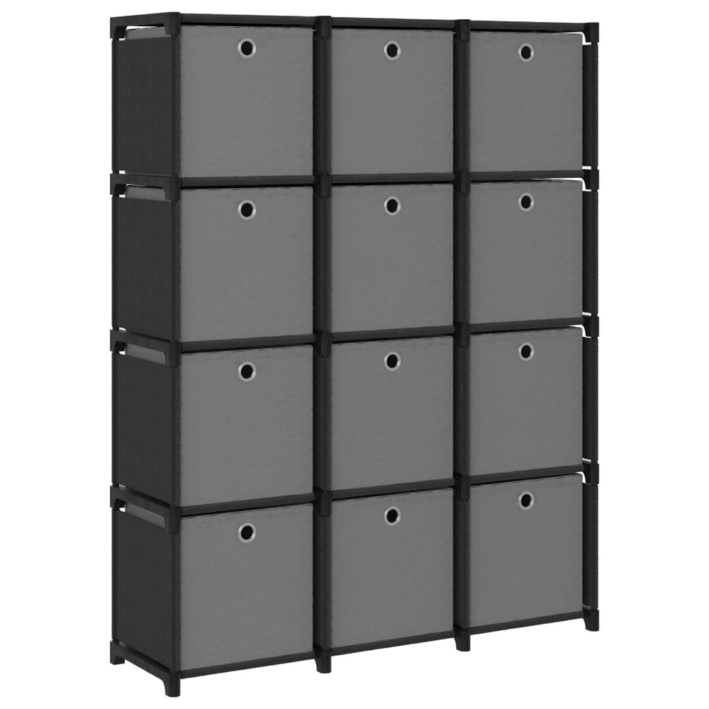 Würfelregal mit Boxen, 12 Fächer, Schwarz