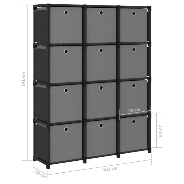 Würfelregal mit Boxen, 12 Fächer, Schwarz