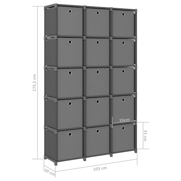 Würfelregal Grau mit 15 Stoffboxen