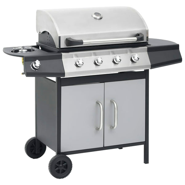 Gasgrill 4+1 Flammen Schwarz und Silbern Stahl & Edelstahl