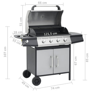Gasgrill 4+1 Flammen Schwarz und Silbern Stahl & Edelstahl