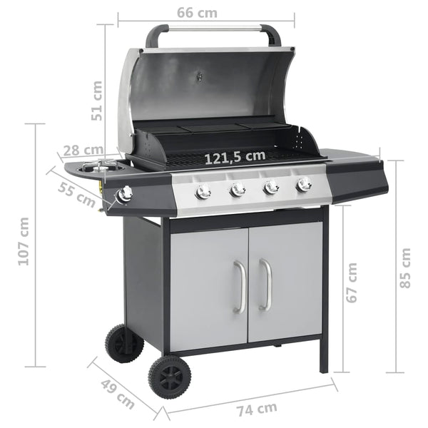 Gasgrill 4+1 Flammen Schwarz und Silbern Stahl & Edelstahl