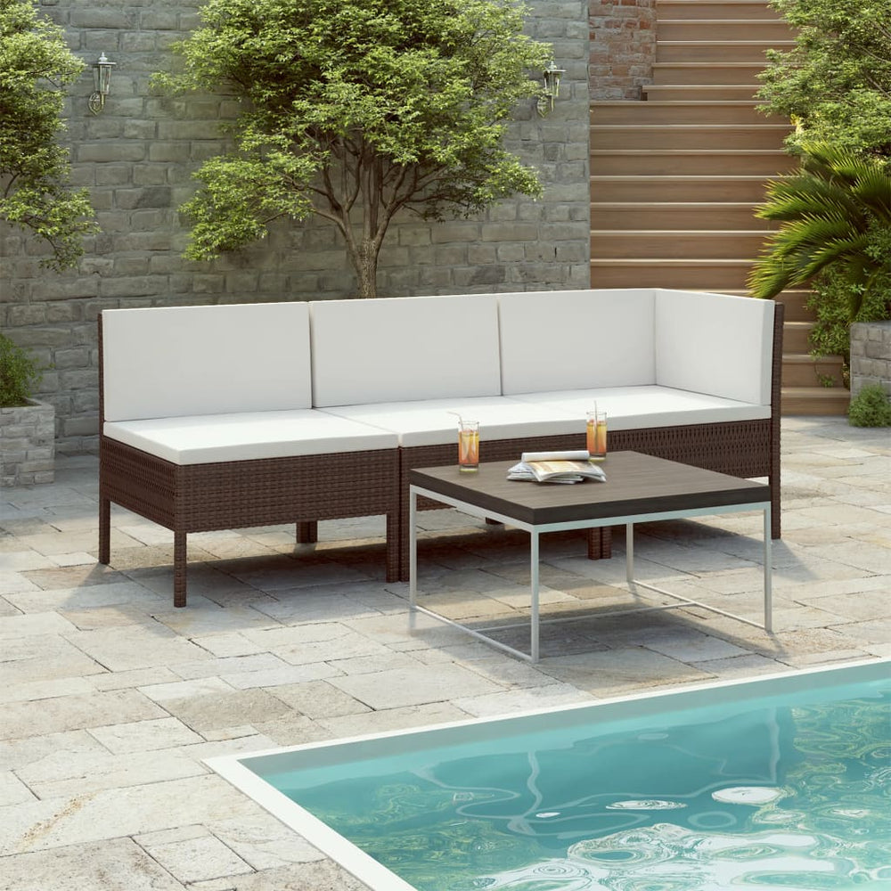 vidaXL Salon de jardin 3 pcs avec coussins résine tressée marron