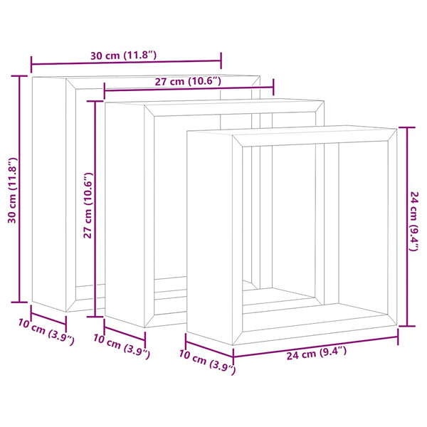 vidaXL Étagères cubes 3 pcs Gris MDF