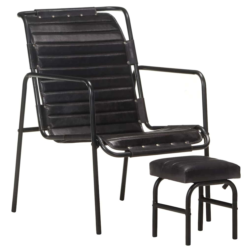 Relaxsessel mit Hocker Schwarz Echtleder