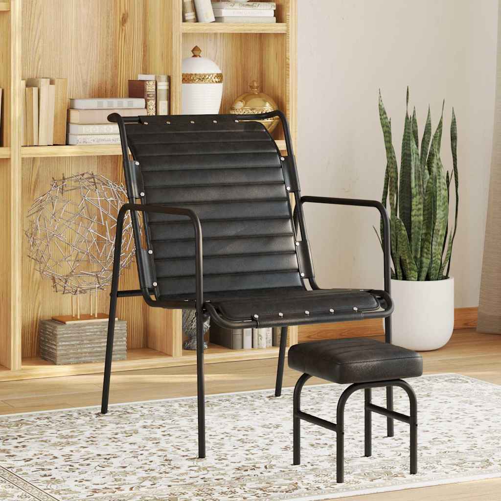 Relaxsessel mit Hocker Schwarz Echtleder