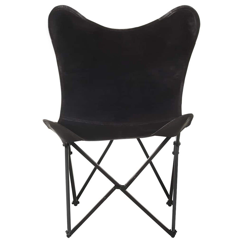 vidaXL Butterfly Chair Foldable Black Genuine Leather