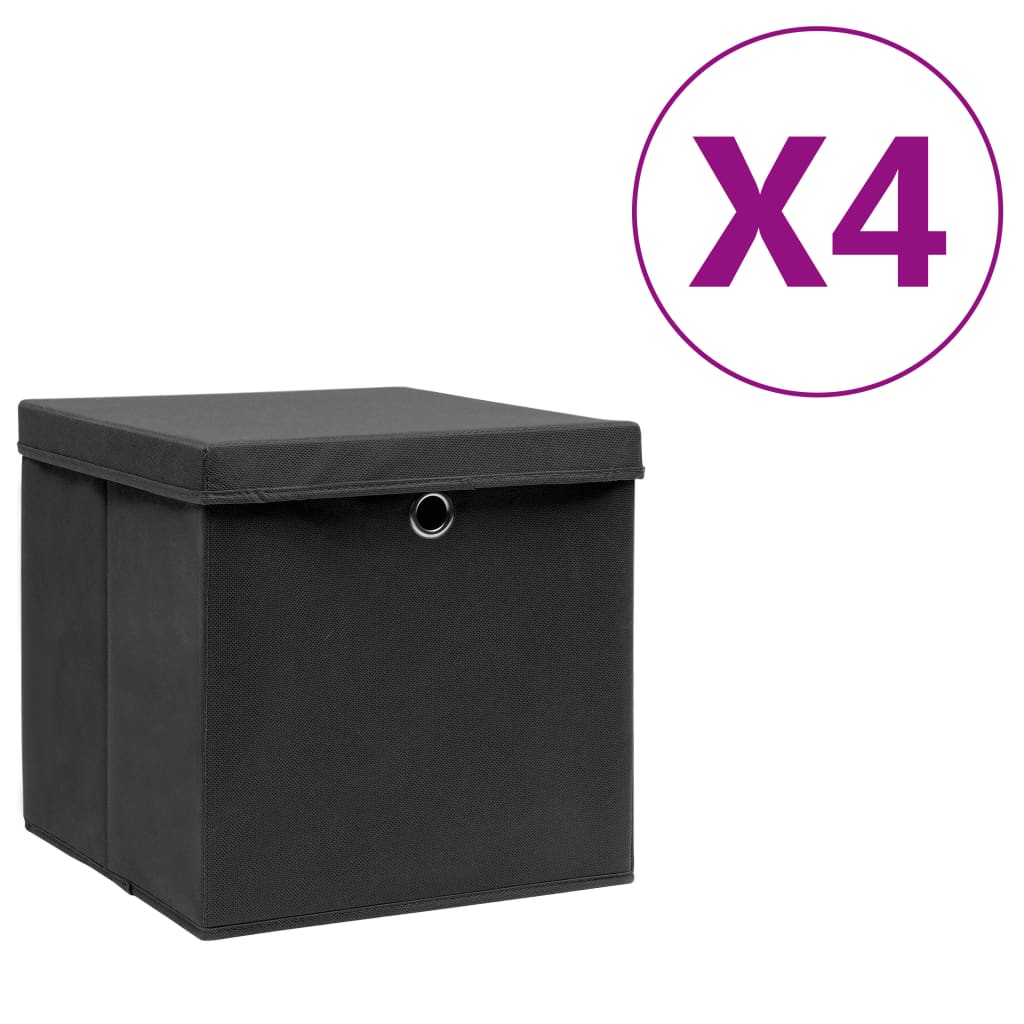 Aufbewahrungsboxen mit Deckel, 4er Set, Schwarz