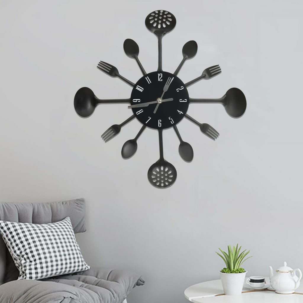 Schwarze Wanduhr mit Besteck-Design, 40 cm