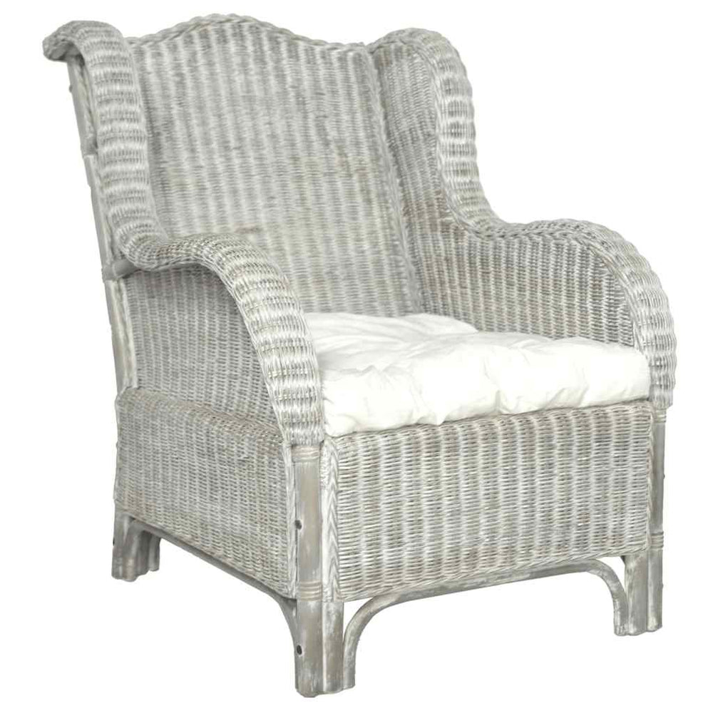 Grauer Rattan Sessel mit Leinenkissen
