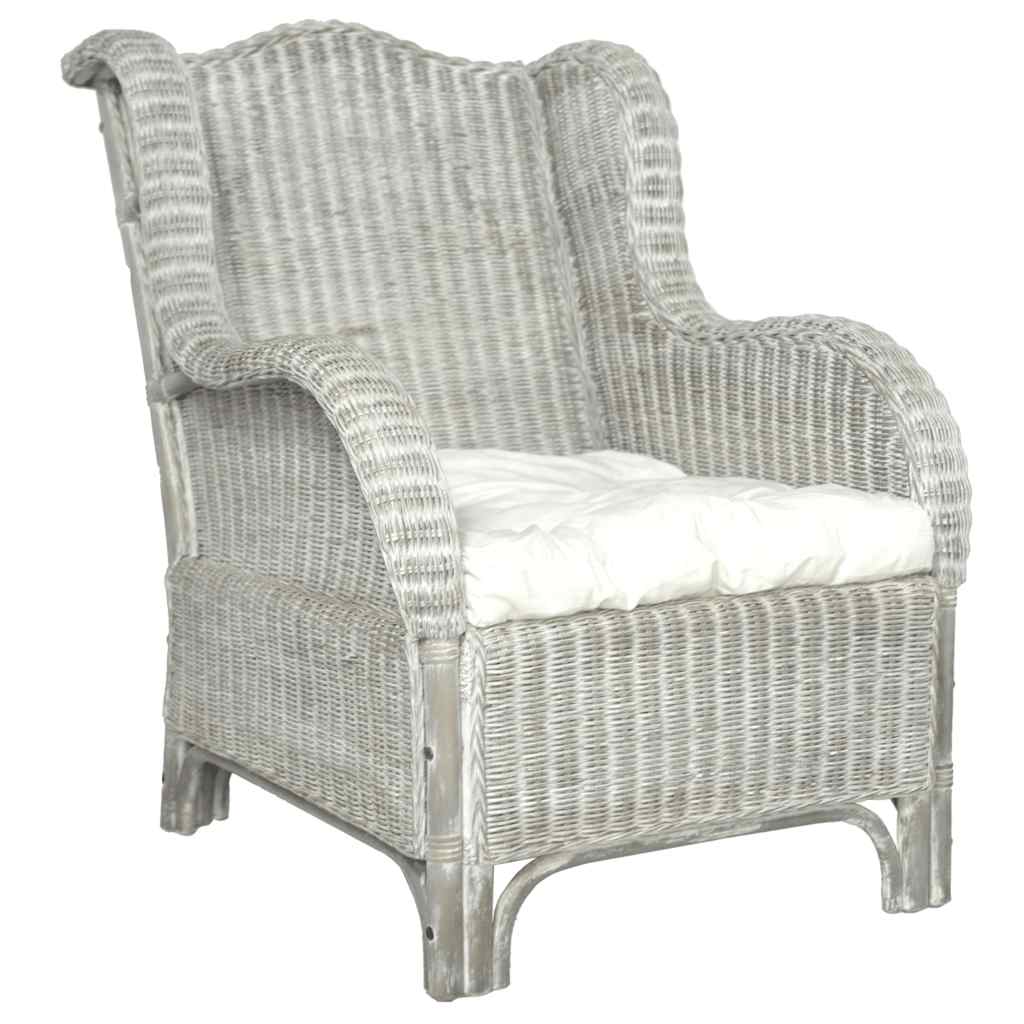 Grauer Rattan Sessel mit Leinenkissen