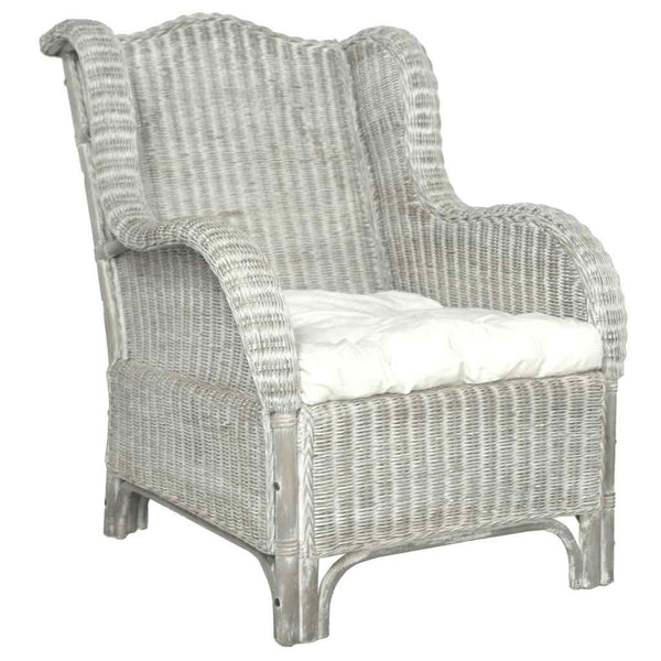 Grauer Rattan Sessel mit Leinenkissen