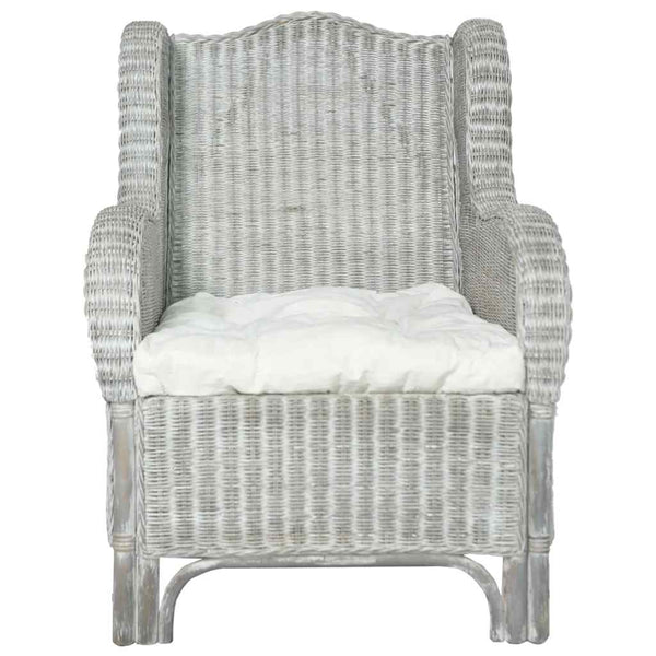 Grauer Rattan Sessel mit Leinenkissen