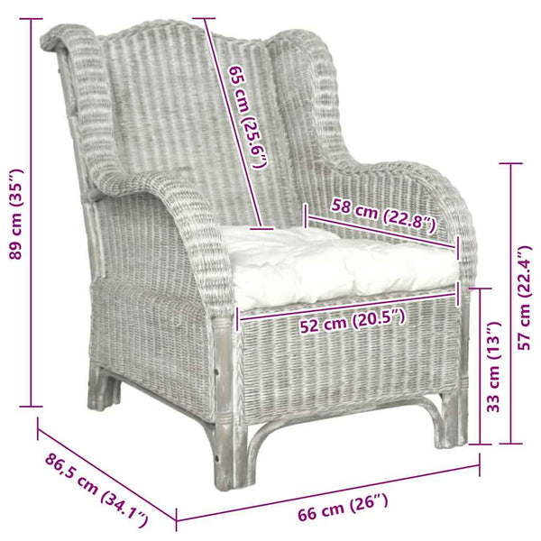 Grauer Rattan Sessel mit Leinenkissen