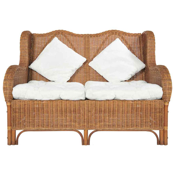 2-Sitzer Rattan Sofa Hellbraun mit Leinen
