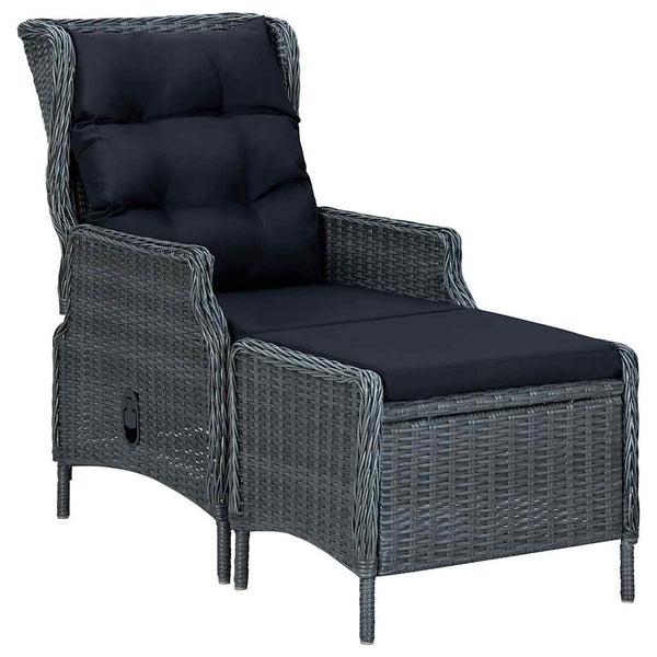 Gartensessel Verstellbar mit Fußhocker Poly-Rattan Dunkelgrau