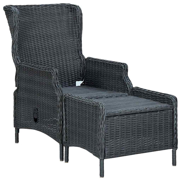 Gartensessel Verstellbar mit Fußhocker Poly-Rattan Dunkelgrau