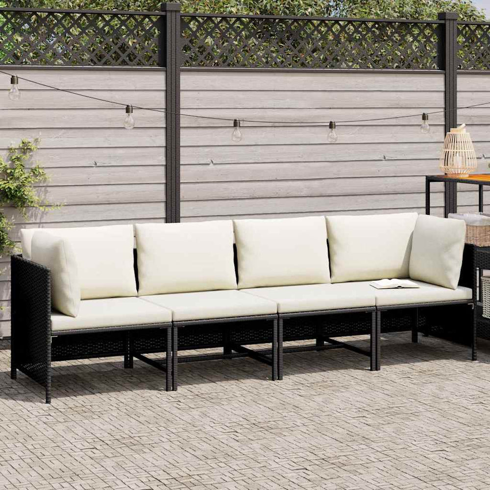 4-Sitzer-Gartensofa mit Auflagen Schwarz Poly Rattan