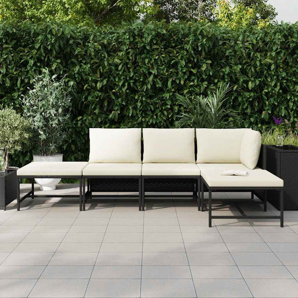 5-tlg. Garten-Sofagarnitur mit Auflagen Schwarz Poly Rattan