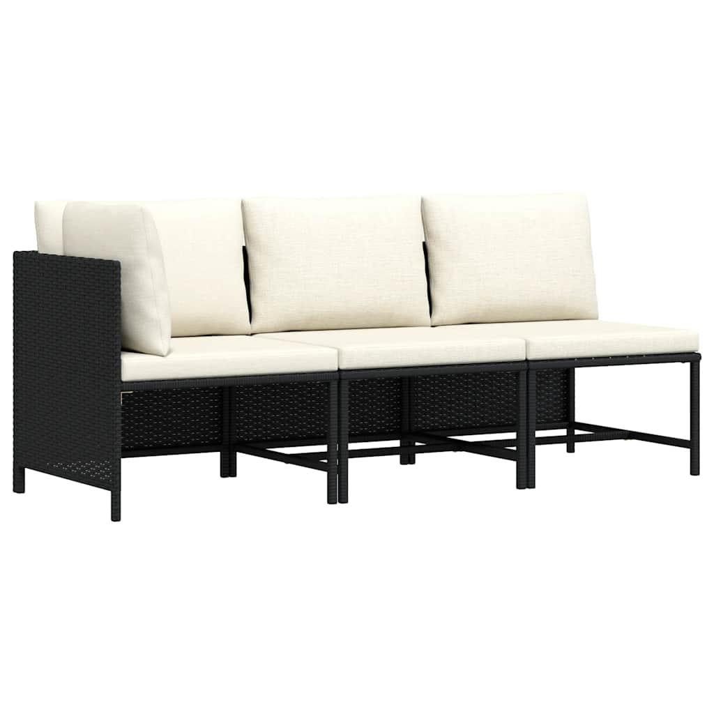 3-tlg. Garten-Sofagarnitur mit Auflagen Schwarz Poly Rattan