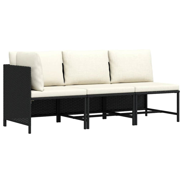 3-tlg. Garten-Sofagarnitur mit Auflagen Schwarz Poly Rattan
