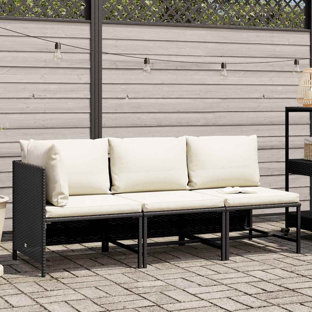 3-tlg. Garten-Sofagarnitur mit Auflagen Schwarz Poly Rattan