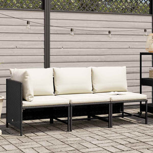3-tlg. Garten-Sofagarnitur mit Auflagen Schwarz Poly Rattan