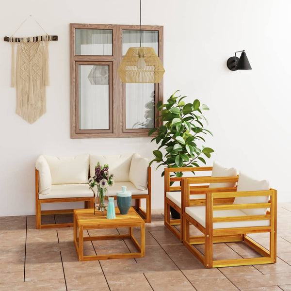 vidaXL Salon de jardin 5 pièces avec coussins crème, bois d'acacia massif