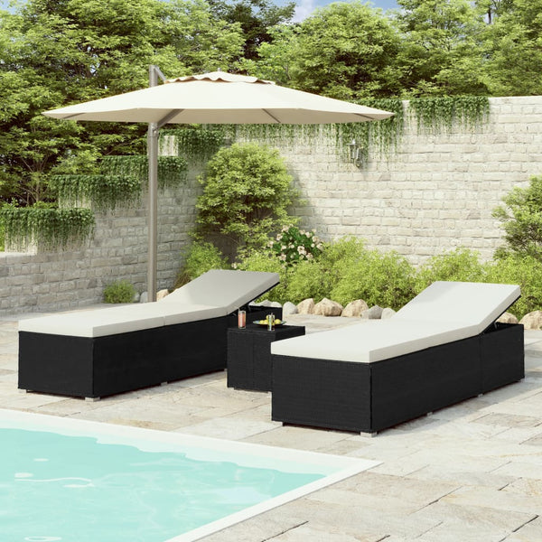 3-tlg. Garten-Sonnenliegen mit Teetisch Poly Rattan Schwarz