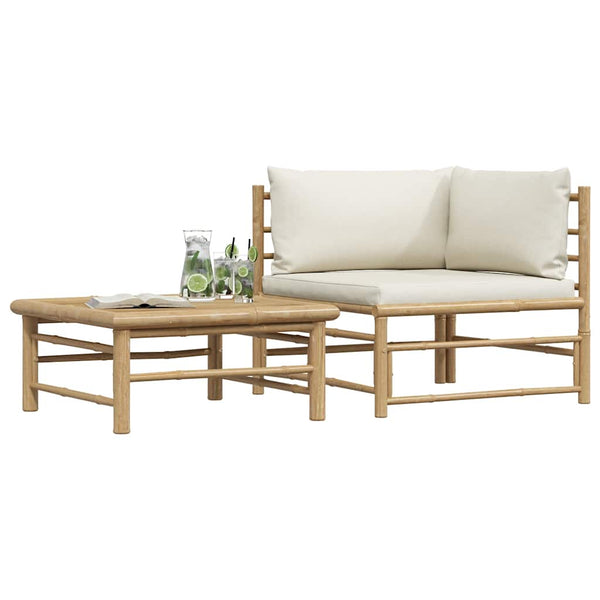 2-tlg. Garten-Lounge-Set mit Kissen Cremeweiß Bambus