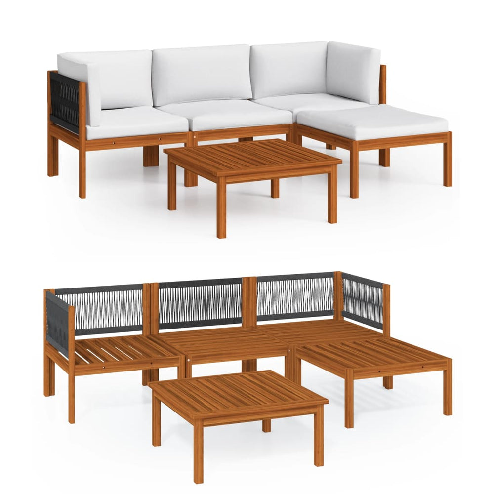 vidaXL 5-piece Garden Lounge Set with Cushions Cream Acacia Wood & Rope