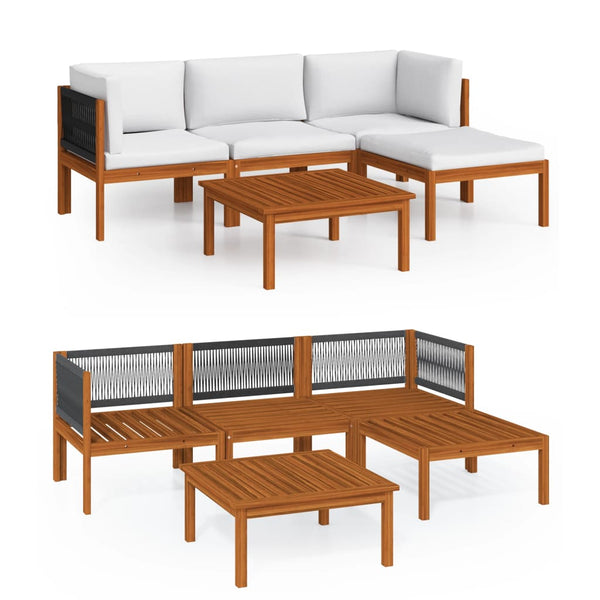 vidaXL Salon de jardin 5 pcs avec coussins, bois d'acacia et corde, crème