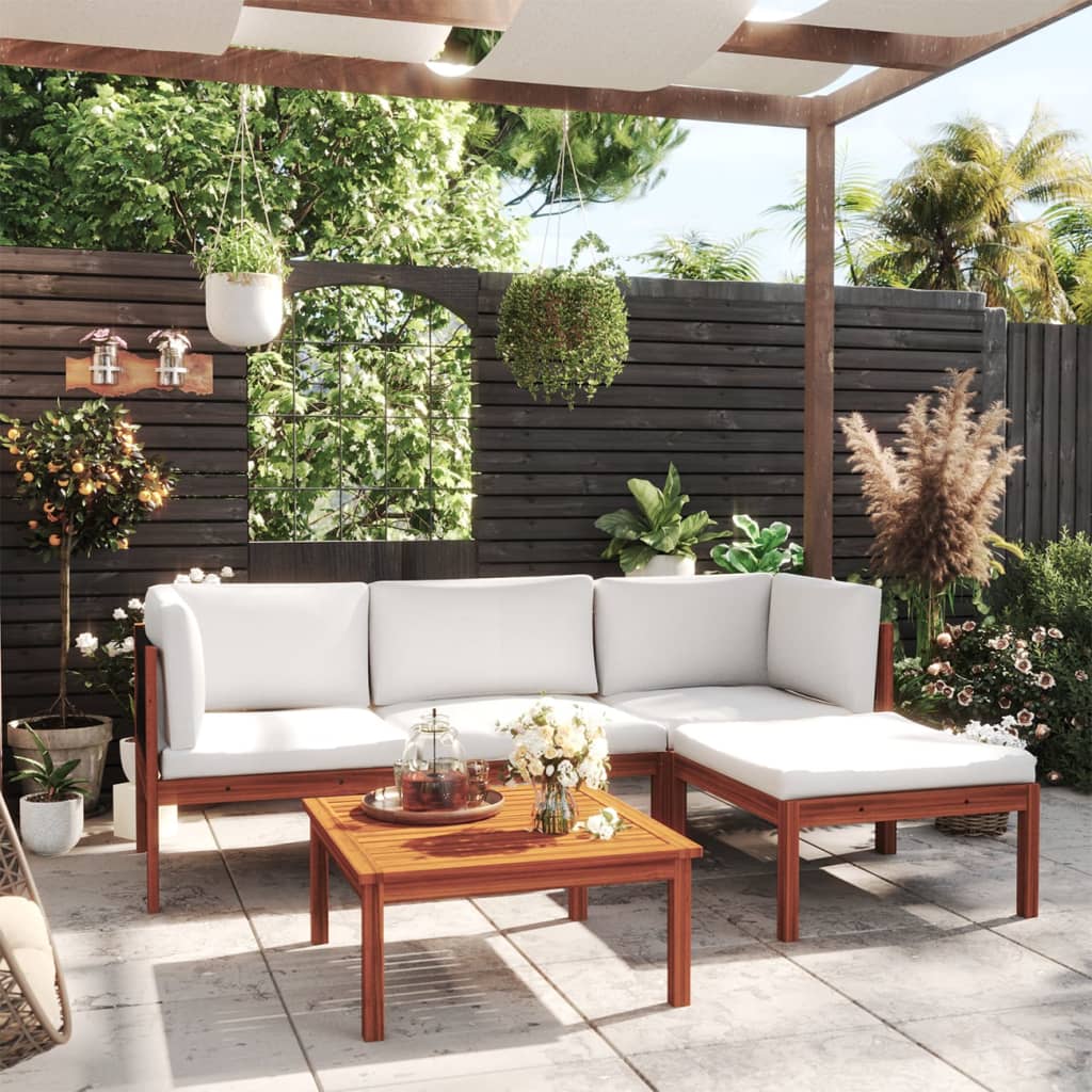 vidaXL Salon de jardin 5 pcs avec coussins, bois d'acacia et corde, crème