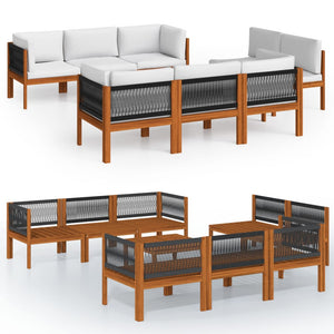 9-tlg. Garten-Lounge-Set mit Kissen Cremefarbenes Holz Akazie & Seil