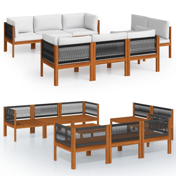 9-tlg. Garten-Lounge-Set mit Kissen Cremefarbenes Holz Akazie & Seil