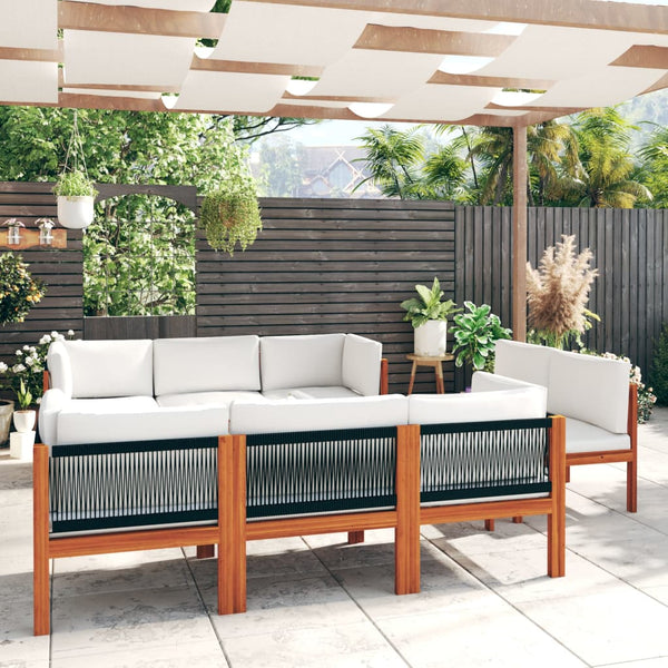 9-tlg. Garten-Lounge-Set mit Kissen Cremefarbenes Holz Akazie & Seil