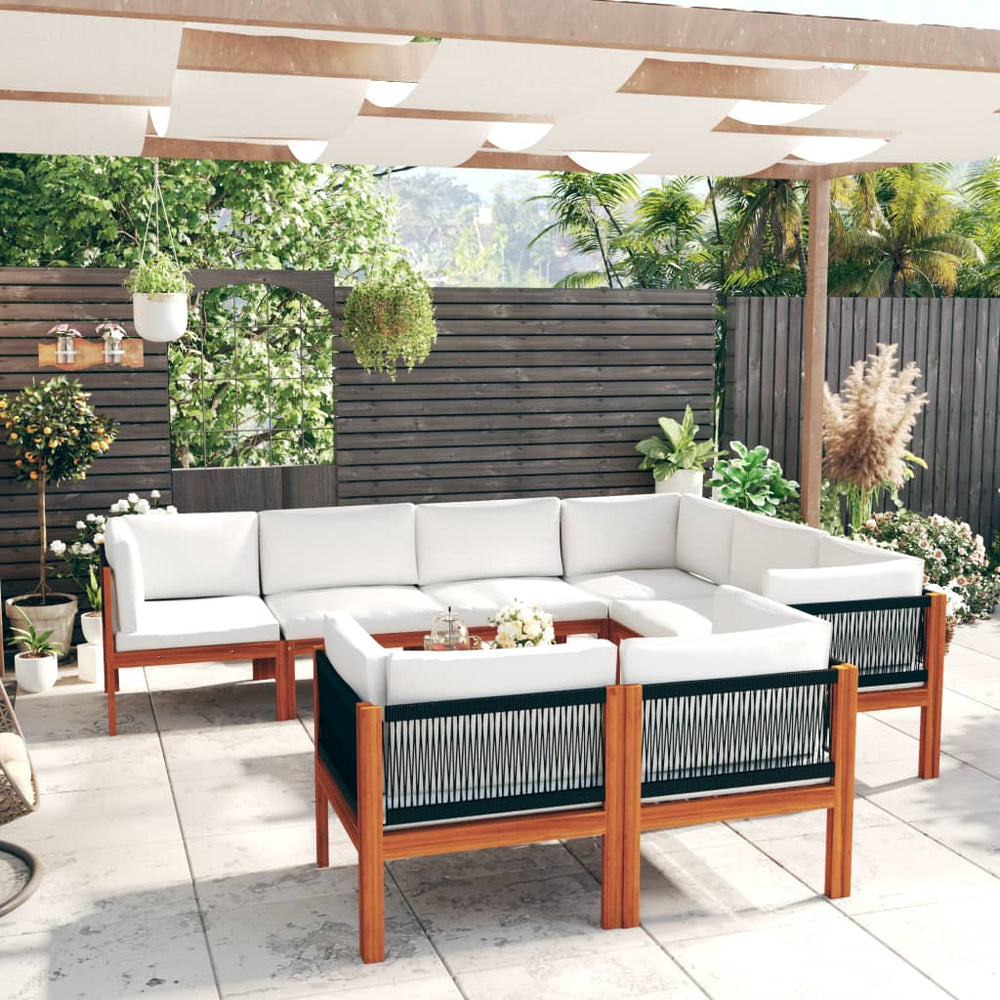 10-tlg. Garten-Lounge-Set mit Kissen Cremefarbenes Holz Akazie & Seil