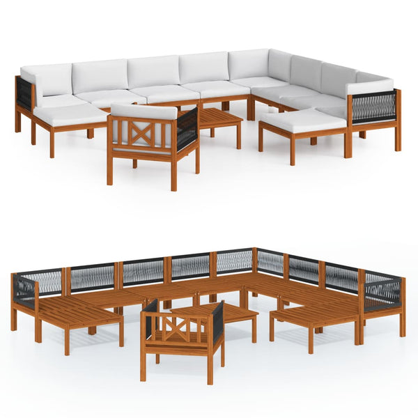12-tlg. Garten-Lounge-Set mit Kissen Cremefarbenes Holz Akazie & Seil